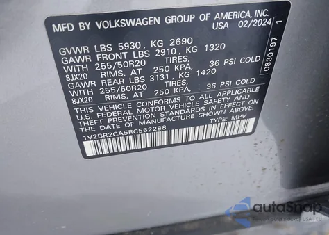 2024 Volkswagen Atlas 2.0T Sel from USA, damaged, VIN 1V2BR2CA9RC562228